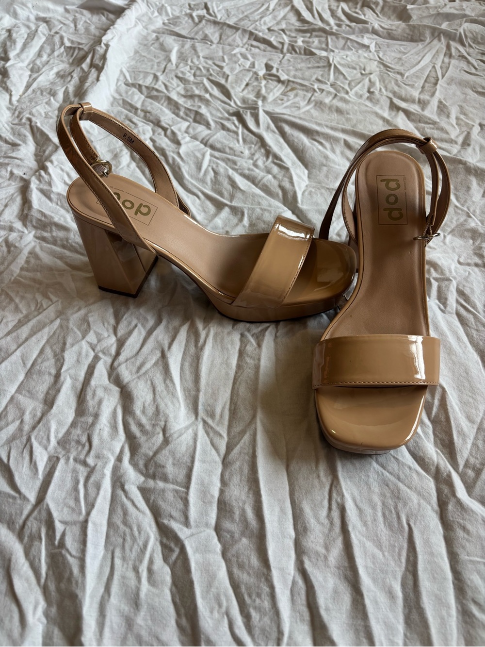 Patent Block Heel Slingback Sandals in Nude by Qupid